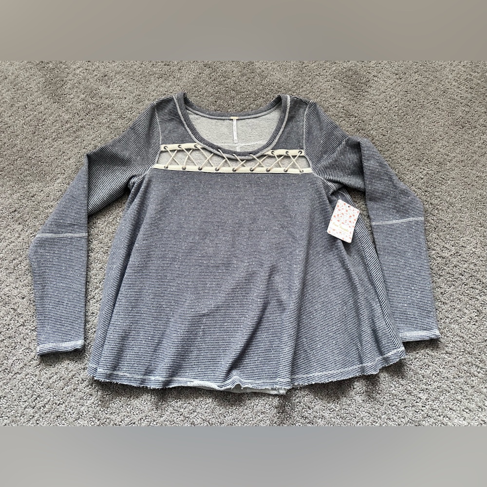 NWT Free People Lacey Love Pullover Top Indigo Combo - Size XS